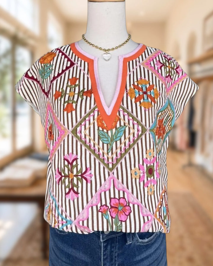 Floral Embroidery & Striped V Neck Cap Sleeve Casual Blouse