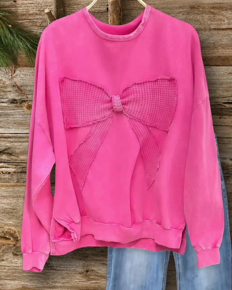 Bow Applique Sweet Round Neck Drop-Shoulder Blouse