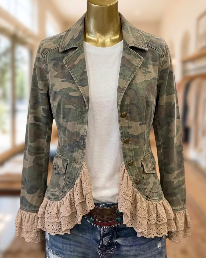 Long Sleeve Camo Lapel Jacket with Tiered Lace Ruffles