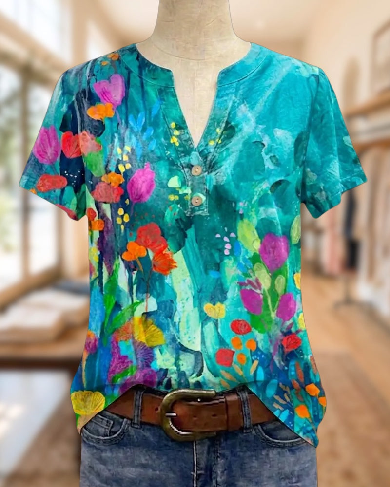 Artistic Floral Print V Neck Short Sleeve Button Placket Blouse