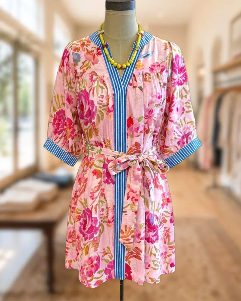 Floral Print Striped Trim Waist Tie Puff Sleeve Dress
