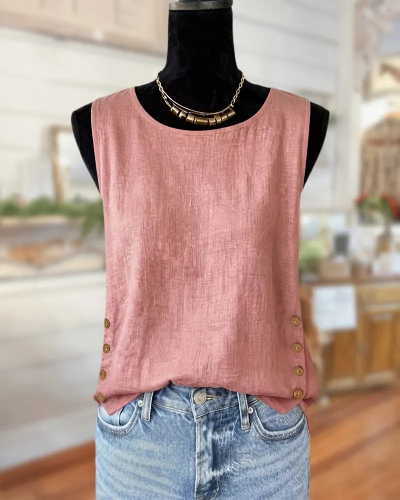 Sleeveless Side Button Detail Casual Lightweight Everyday Tank Top