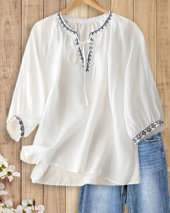 Embroidered Tie Neck 3/4 Sleeve High Low Hem Loose Blouse