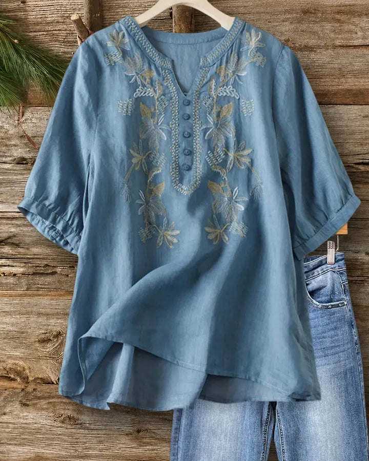 Floral Embroidered V Neck Half Sleeve Loose Casual Blouse