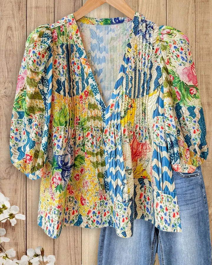 Floral Print V Neck Puff Sleeve Loose Pleated Blouse