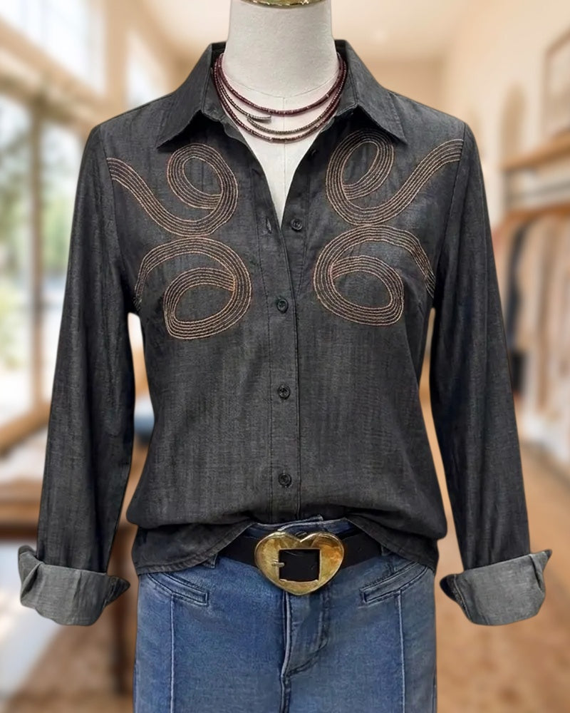 Swirl Embroidery Button Chic Shirt