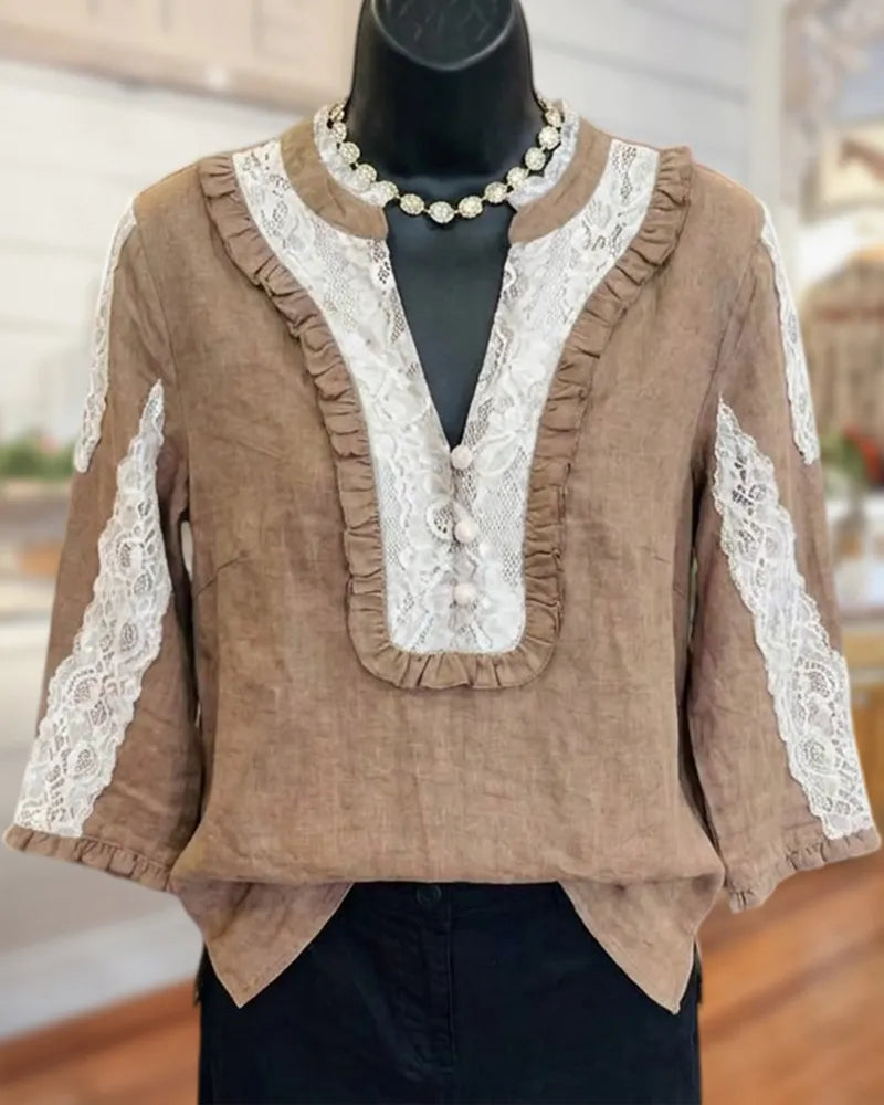 Lace Trim Ruffle Detail V Neck 3/4 Sleeve Blouse