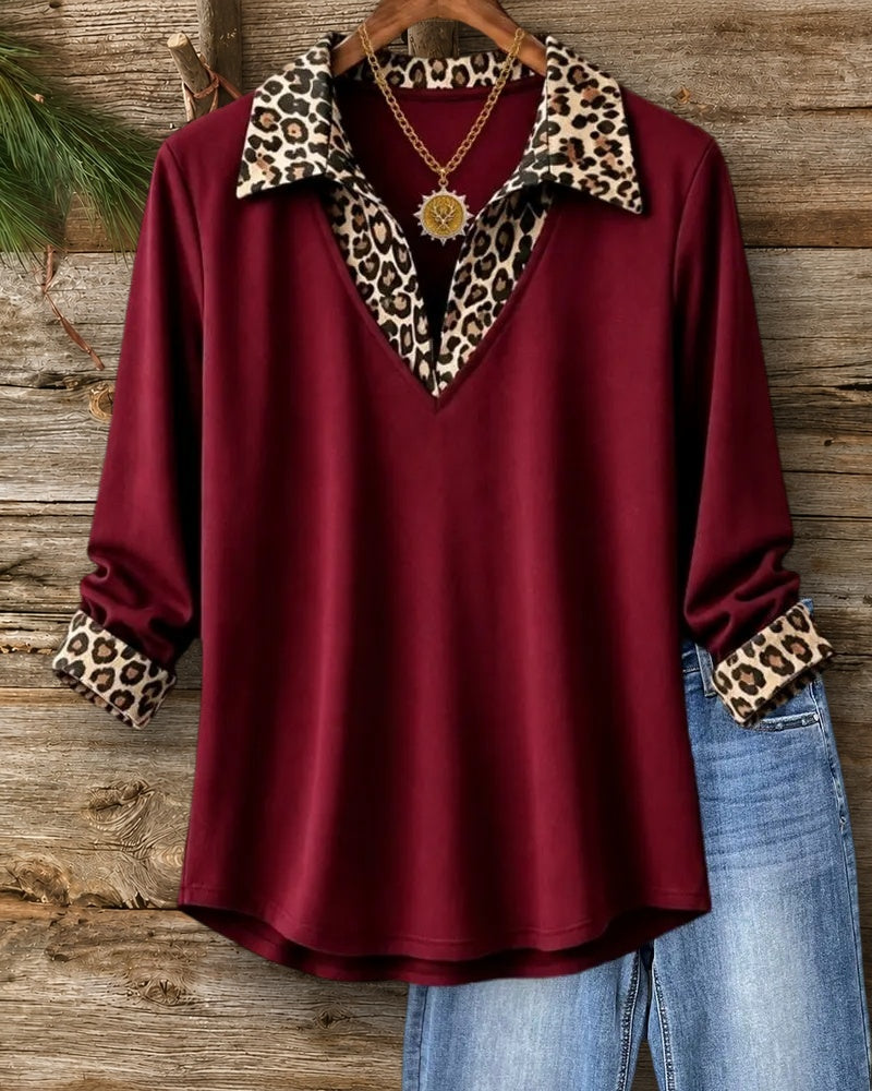Leopard Trim Collared Long Sleeve Stylish Blouse