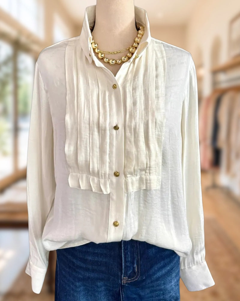 Pleated Front Gold Button Collared Long Sleeve Blouse