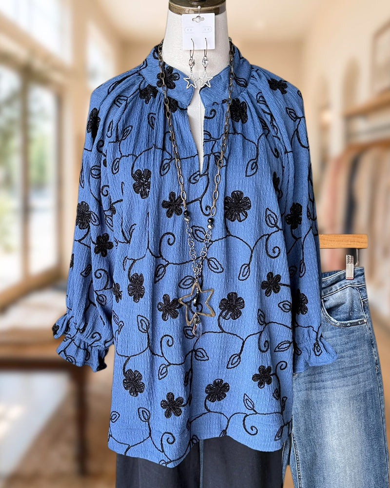 Embroidered Stand Collar Ruffle Cuff Loose Fit Casual Blouse
