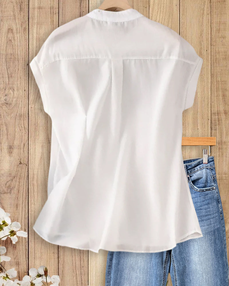 Stand Collar Button Front Cap Sleeve Relaxed Fit Casual Shirt