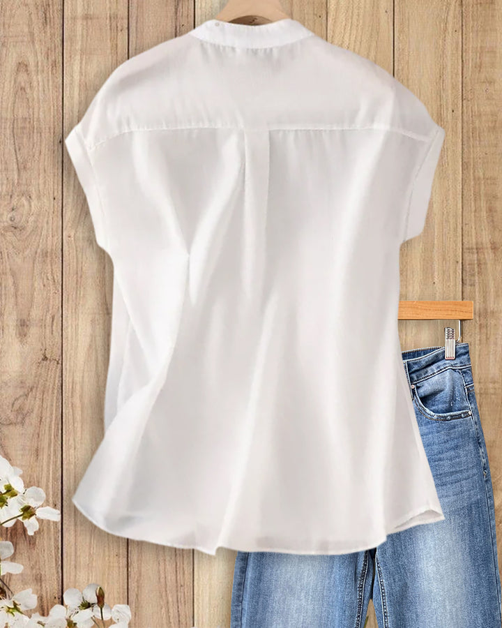 Stand Collar Button Front Cap Sleeve Relaxed Fit Casual Shirt