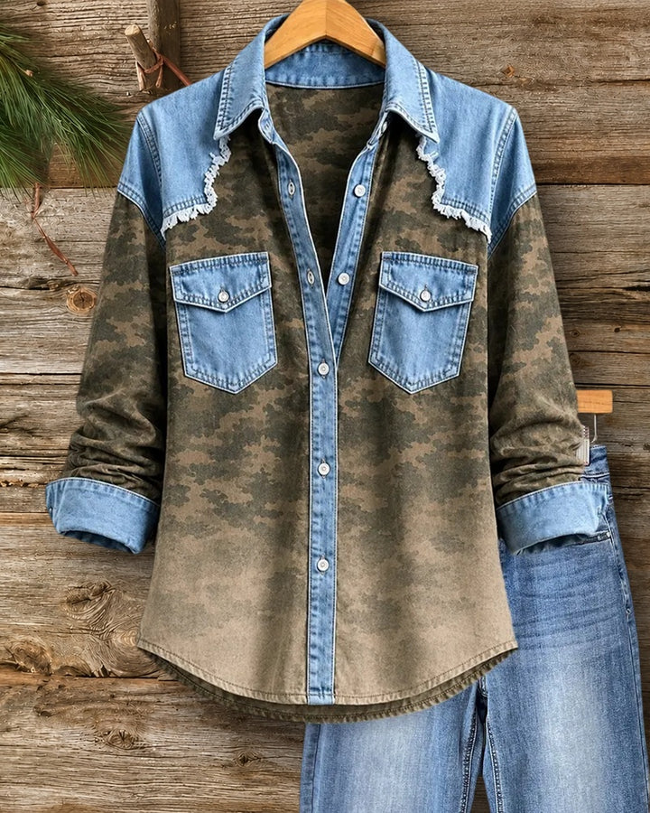 Contrast Denim Trim Frayed Camo Button Down Shirt