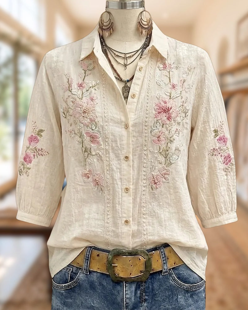 Floral Embroidered Collared Button Down Casual Blouse