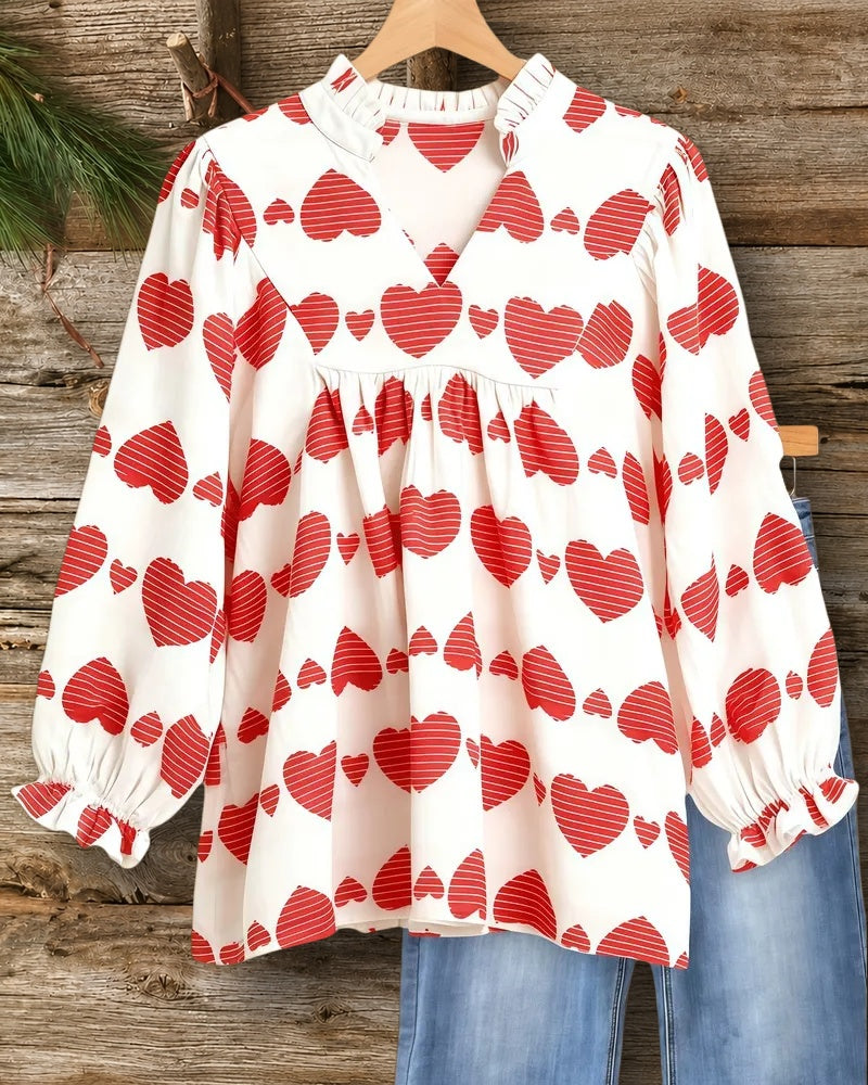 Heart Pattern Pretty V Neck Puff Sleeve Blouse