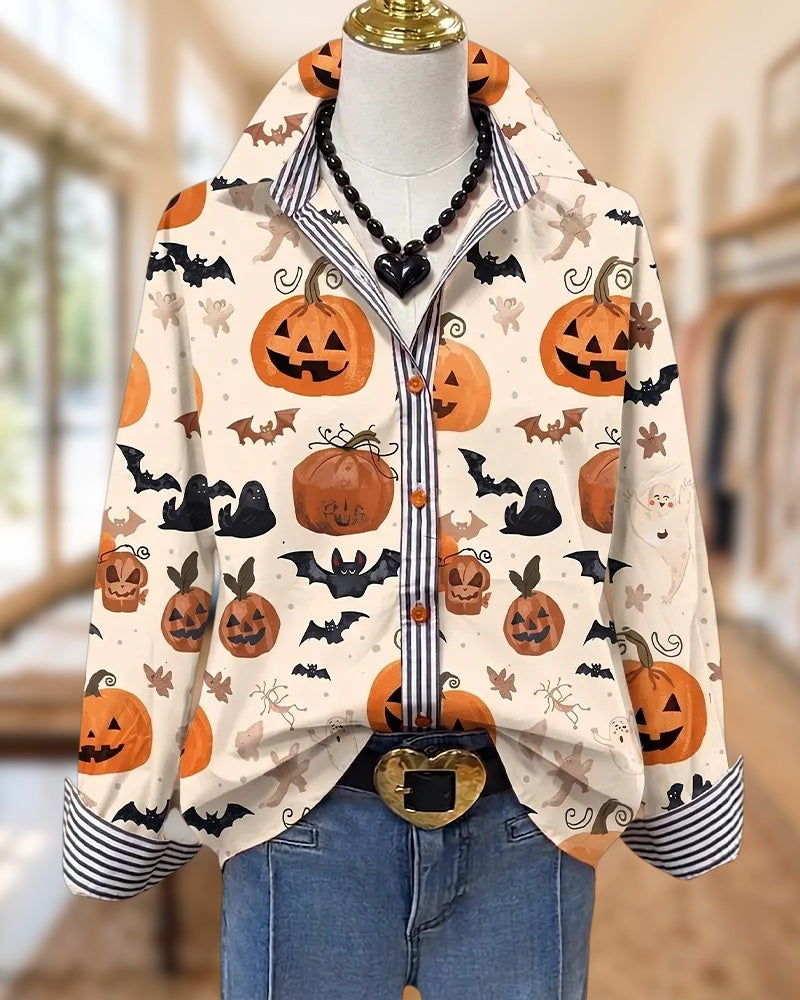 Halloween Print Contrast Striped Trim Button Front Long Sleeve Shirt