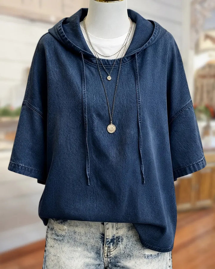 Oversized Hooded Denim Half Sleeve Drop Shoulder Casual Top