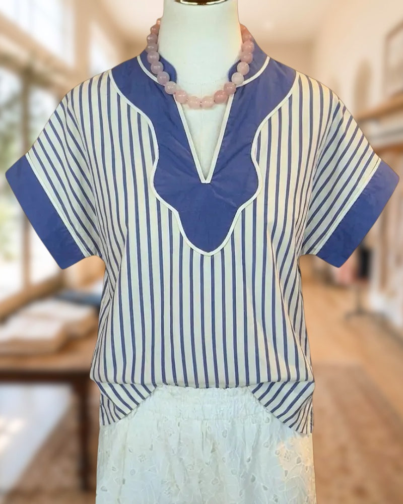 Striped Contrast Trim V Neck Short Sleeve Blouse
