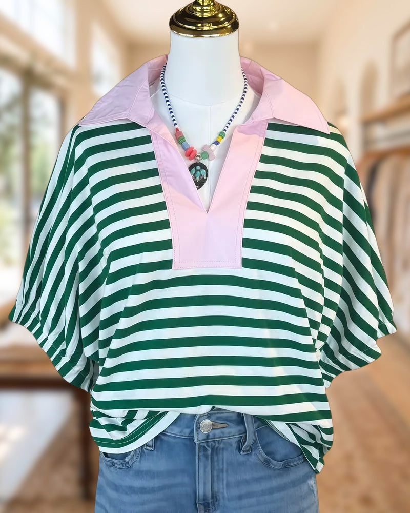Striped Contrast Collar V-Placket Dolman Sleeve Casual Top