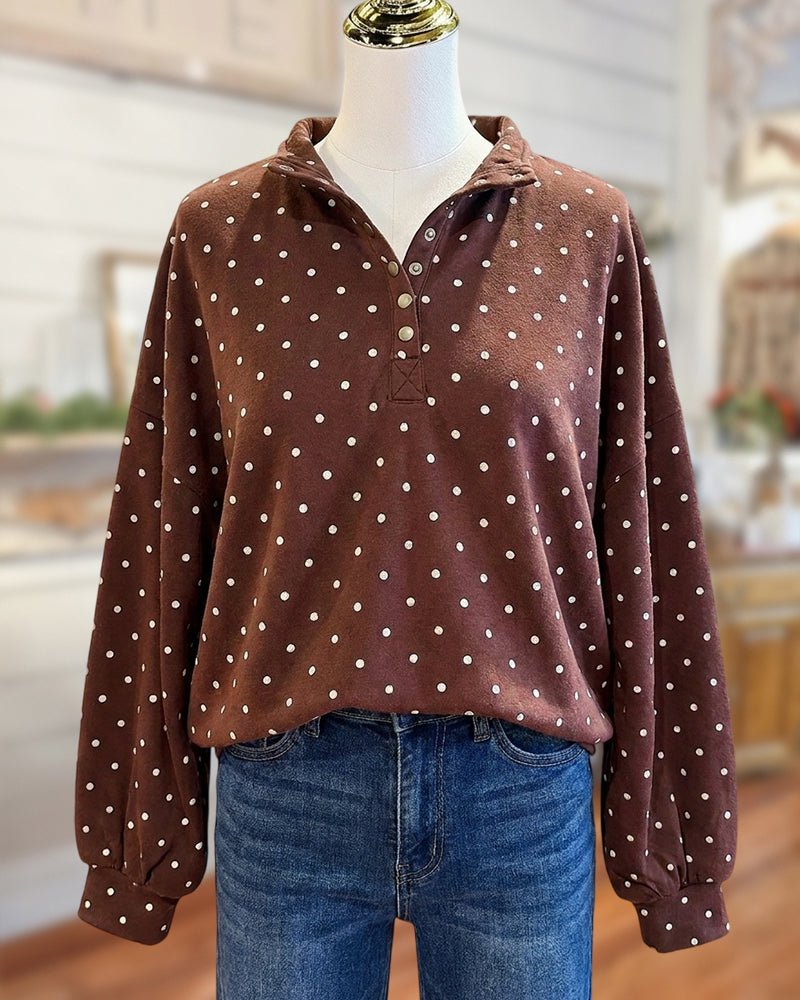 Polka Dot Quarter Snap Stand Collar Drop Shoulder Sweatshirt