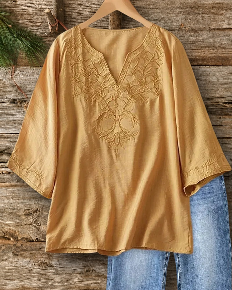 Soft Embroidered V Neck 3/4 Sleeve Loose Casual Blouse