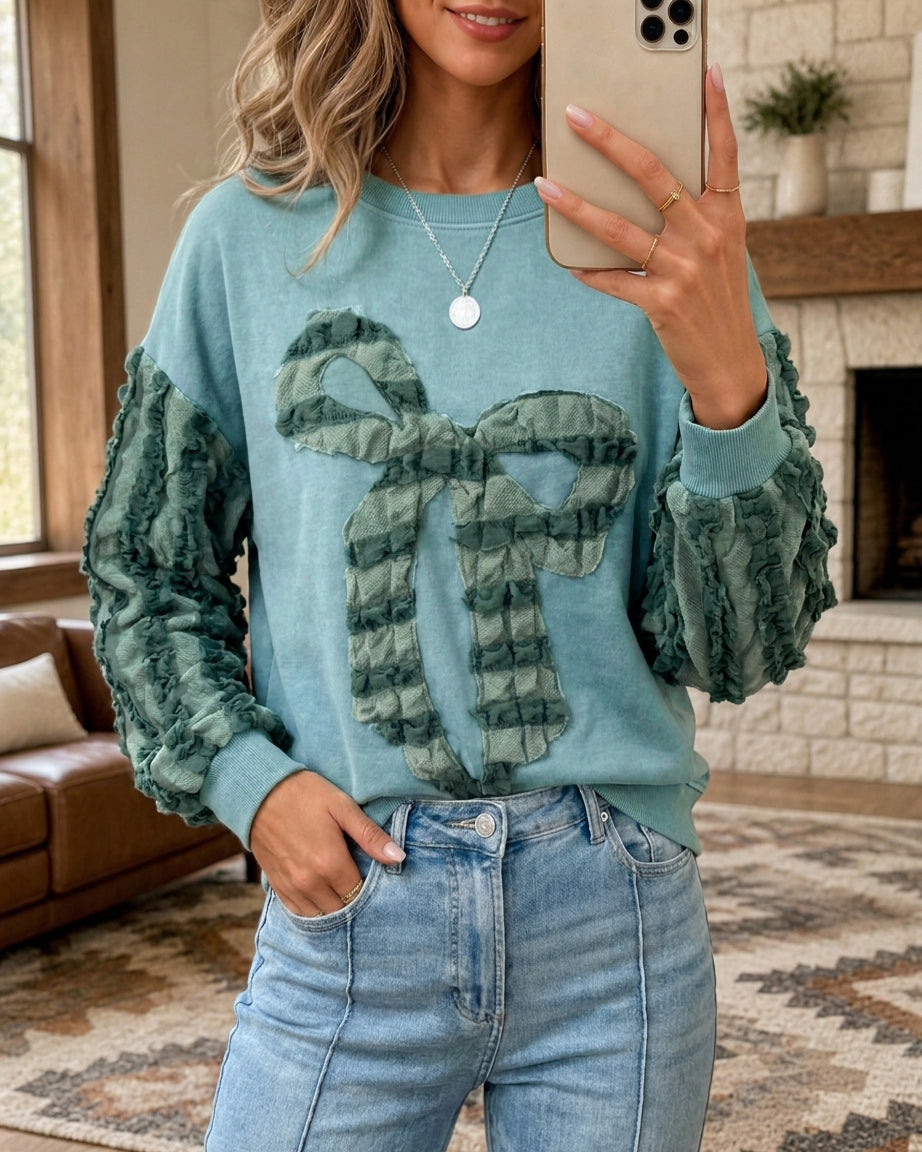 Ruffle Sleeve Bow Applique Crew Neck Loose Casual Sweatshirt