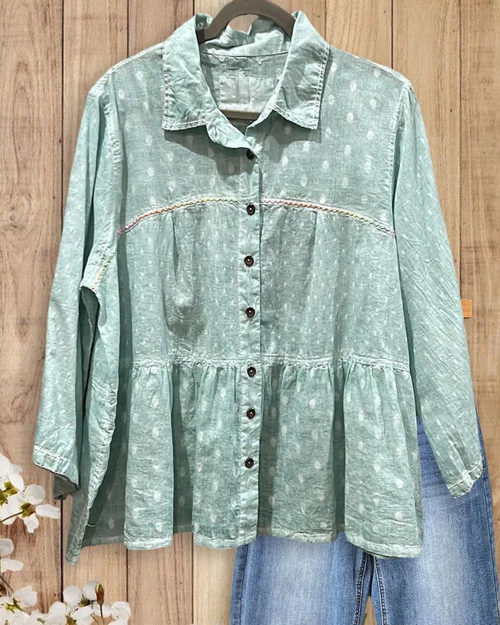 Collared Button Front 3/4 Sleeve Tiered Polka Dot Blouse