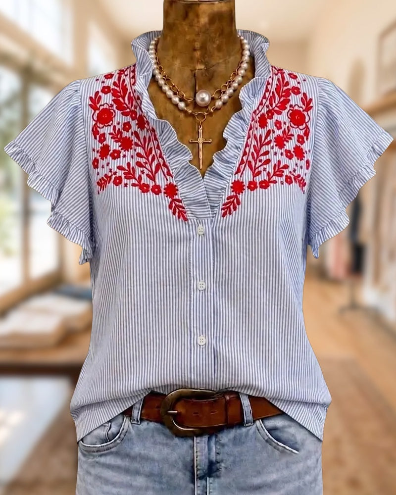Striped & Floral Embroidery Ruffle Trim Flutter Sleeve Button Front Blouse