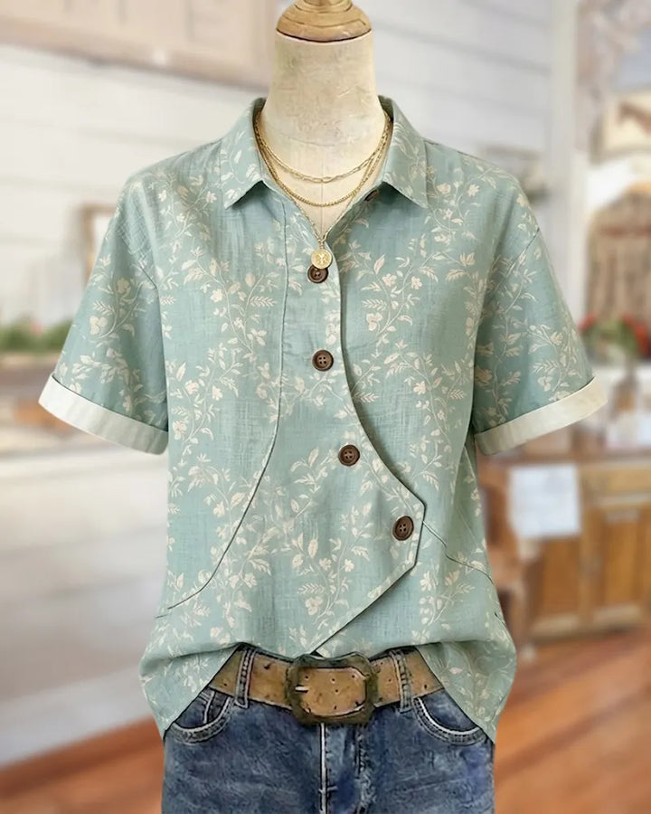 Striped Asymmetrical Placket Collared Short Sleeve Shirt