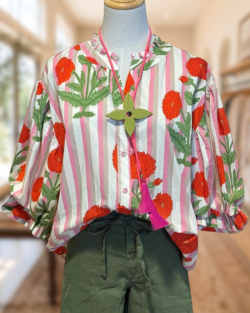 Floral Striped Puff Sleeve Ruffled V-Neck Loose Blouse