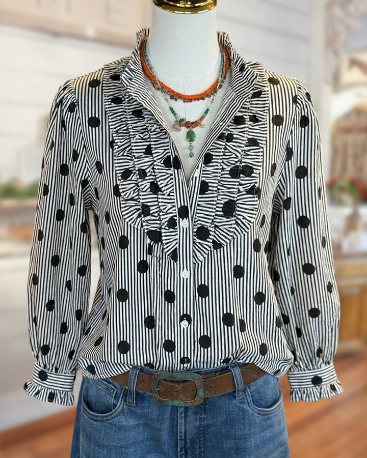 Ruffled Placket Striped Polka Dot Buttoned Long Sleeve Blouse