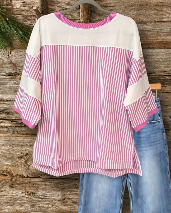 Striped Patchwork Sporty Round Neck Blouse