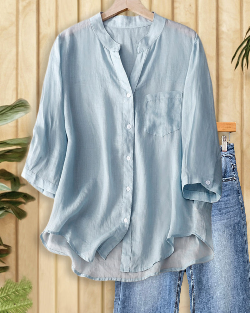 Solid Color Simple Button Front Blouse