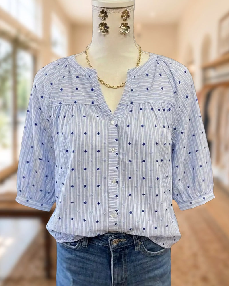 Embroidered Dot Striped V Neck Button Front 3/4 Sleeve Blouse