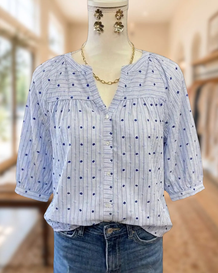 Embroidered Dot Striped V Neck Button Front 3/4 Sleeve Blouse