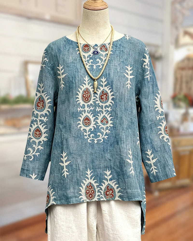 Loose Fit Ethnic Print High Low Hem 3/4 Sleeve Blouse