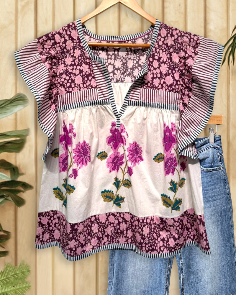 Patchwork Floral Print Flutter Sleeve Urban Blouse
