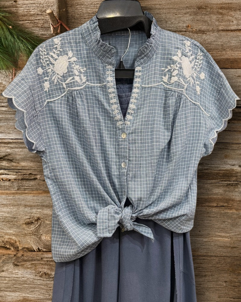 Embroidered Plaid Ruffled Neck Scalloped Sleeve Button Front Blouse