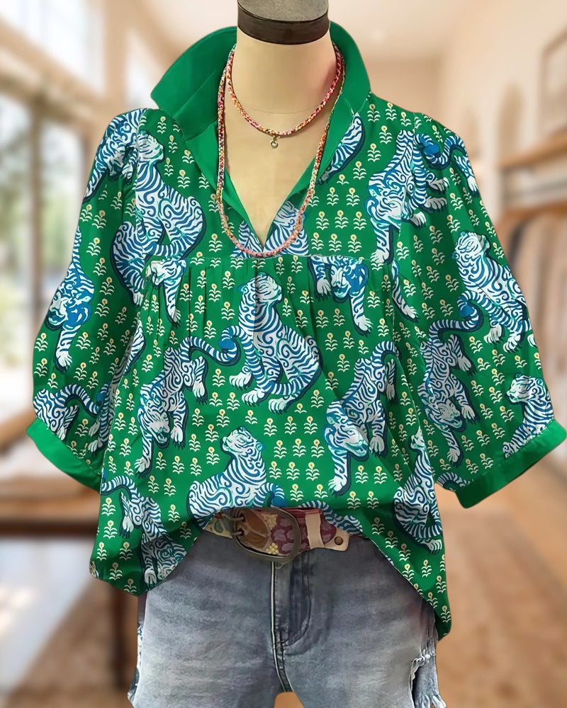 Animal & Floral Mixed Print Relaxed V Neck T-Shirt