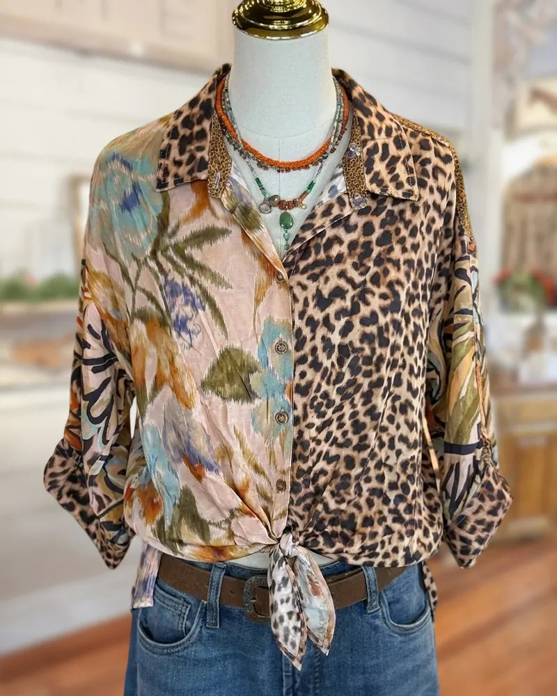 Mixed Print Collared Roll Tab Tie Front Casual Shirt
