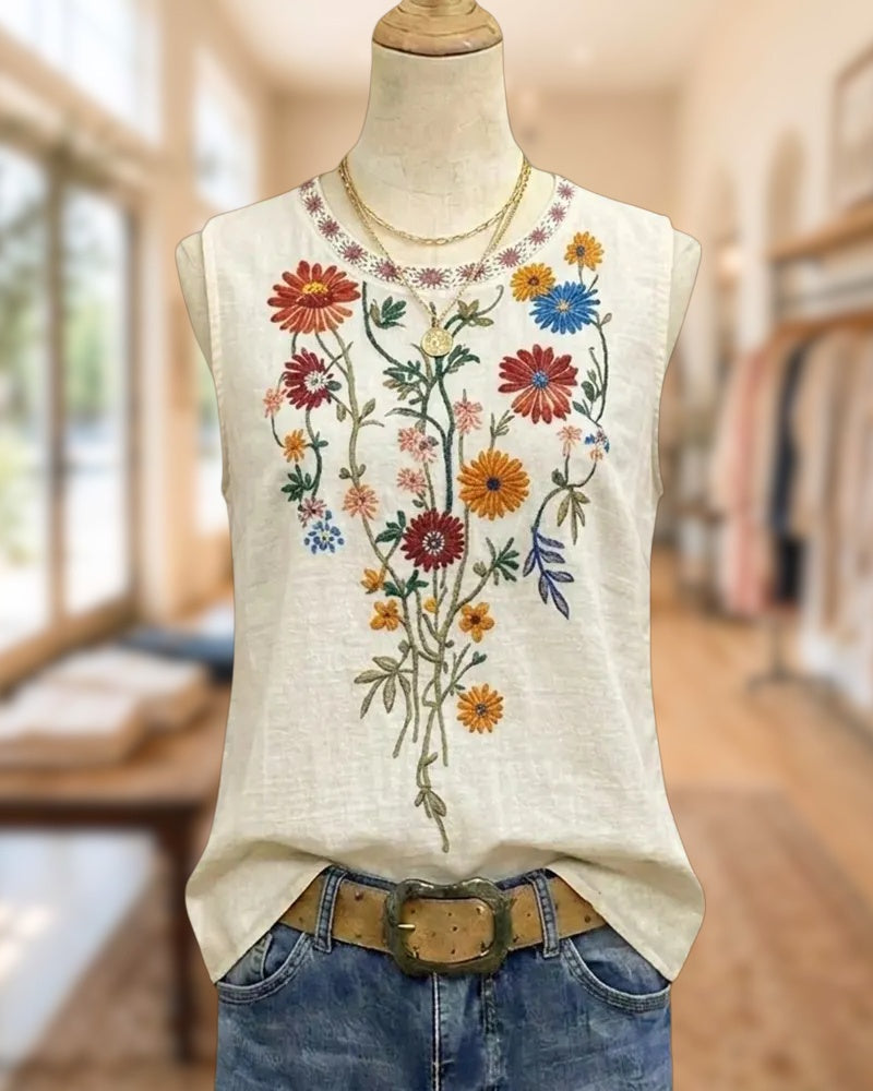 Floral Embroidered Sleeveless Round Neck Tank Top