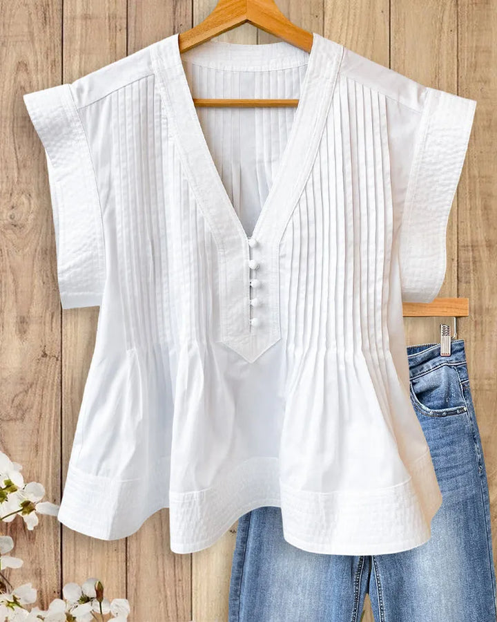 V Neck Pintuck Pleat Cap Sleeve Button Front Blouse