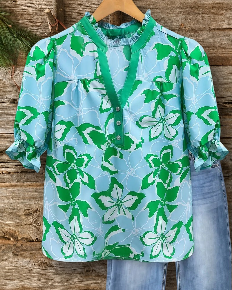 Floral Print Chic Puff Sleeve V Neck T-Shirt