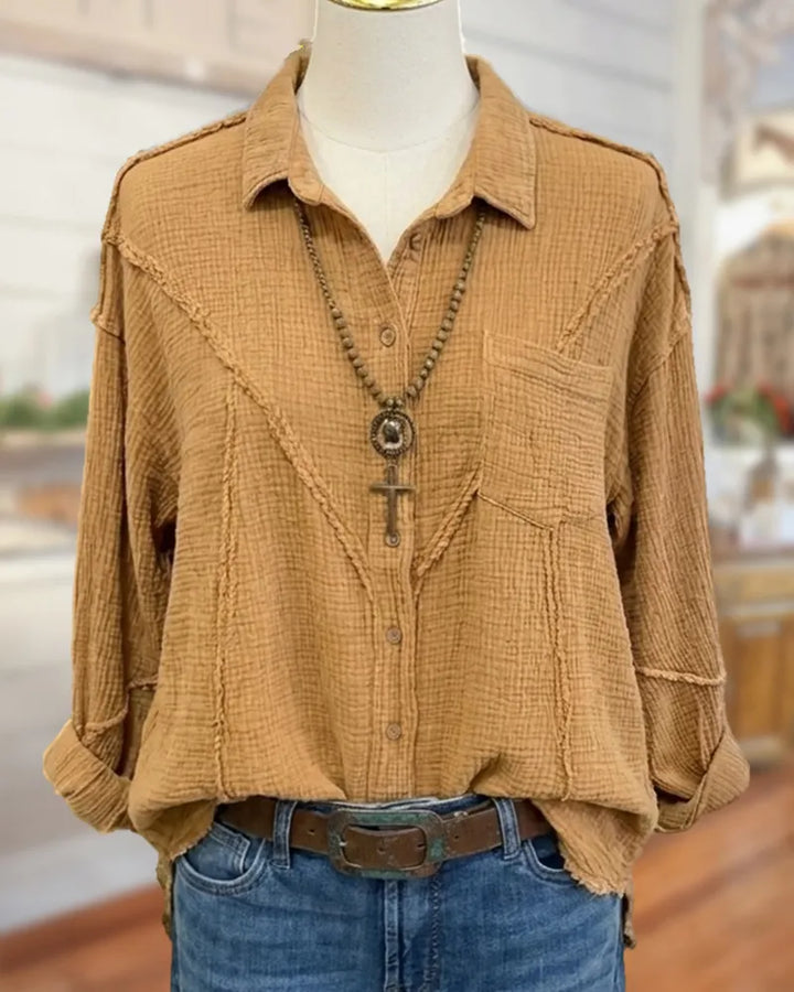 Collared Exposed Seam Chest Pocket Loose Casual Long Sleeve Shirt