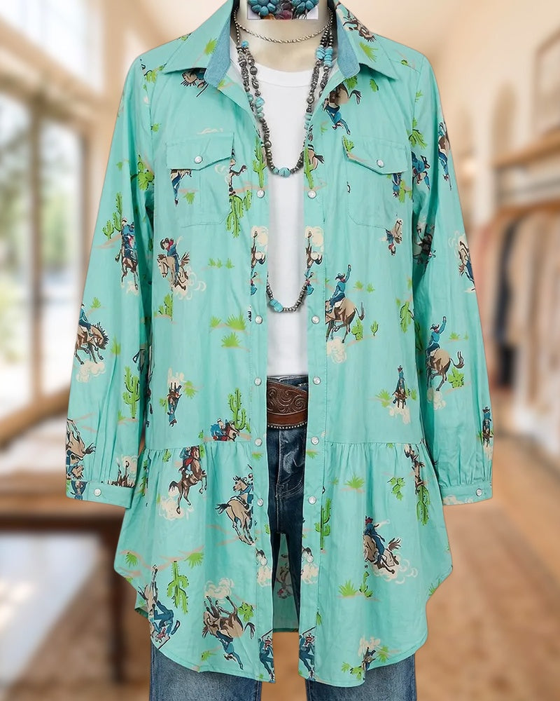 Western Print Flap Pocket Snap Button Tiered Long Sleeve Shirt