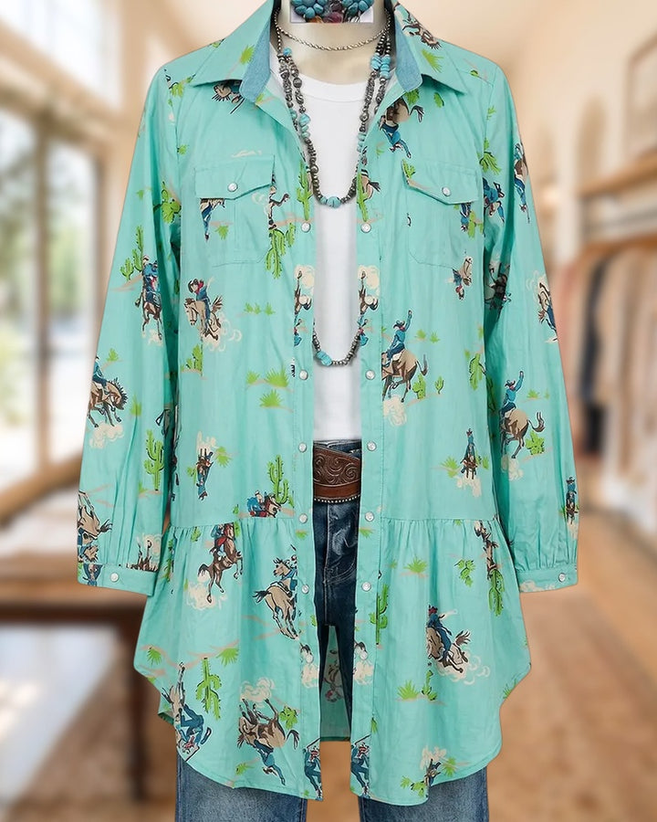 Western Print Flap Pocket Snap Button Tiered Long Sleeve Shirt