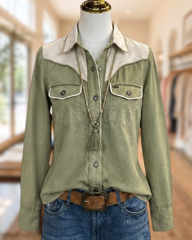 Contrast Yoke Button Down Flap Pocket Long Sleeve Shirt