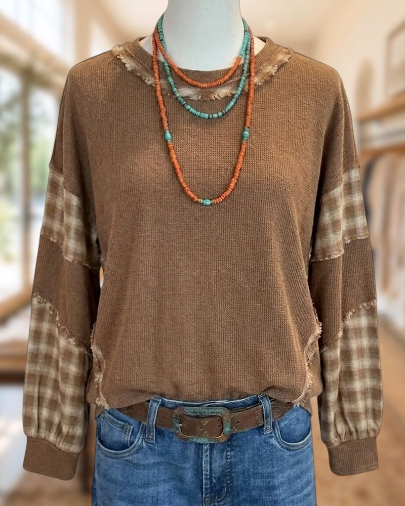Plaid Patchwork Frayed Edge Top