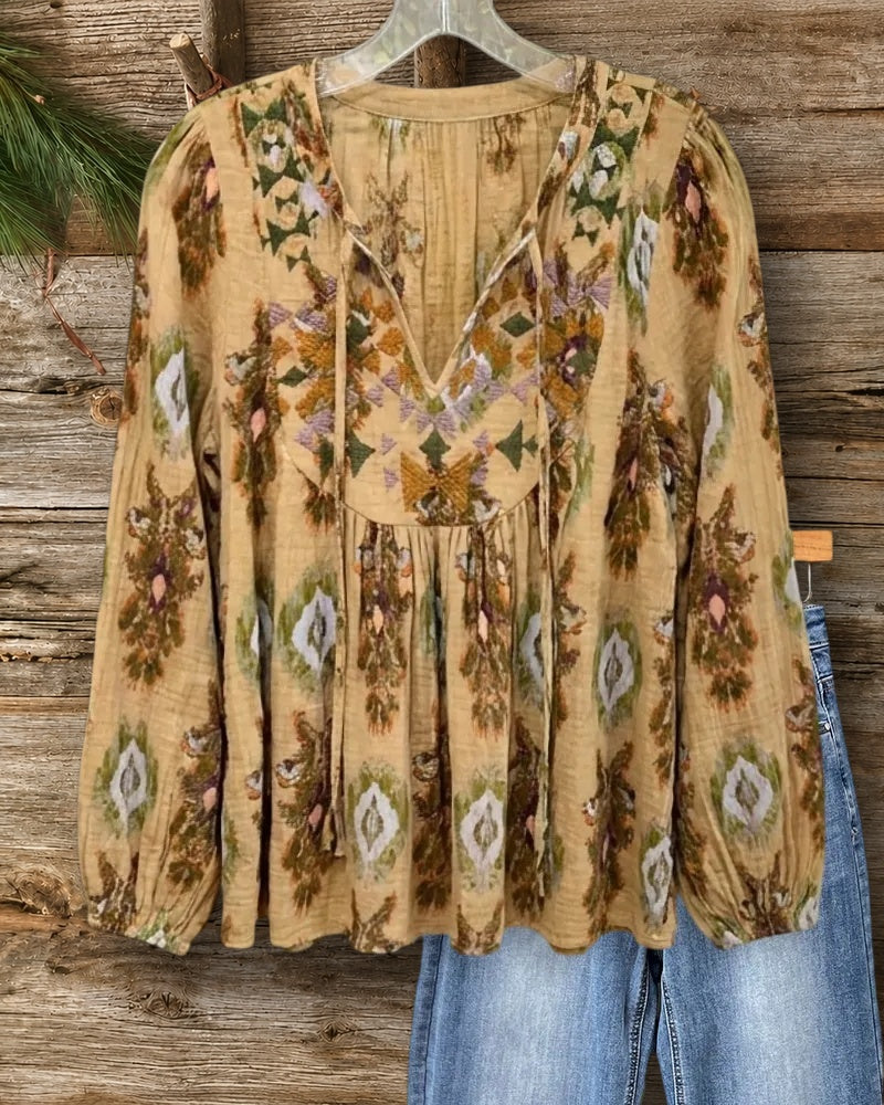Embroidered Tie Neck Long Sleeve Loose Casual Blouse