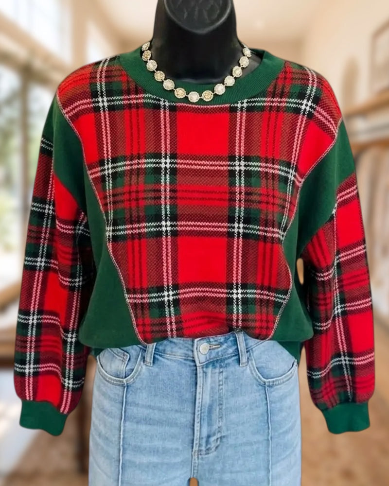 Plaid Contrast Panel Crew Neck Long Sleeve Knit Sweater